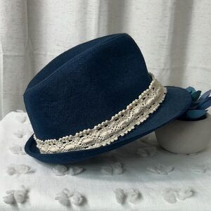 Women's Navy Crochet Band Fedora Hat